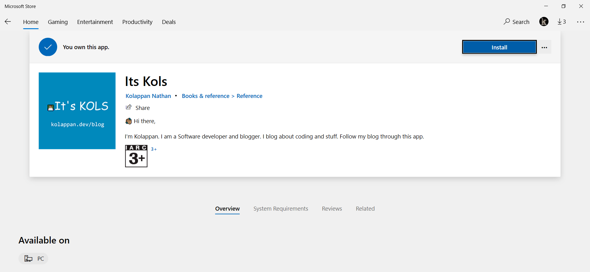 Screenshot of my app in the MS store. It is now removed from the store.
