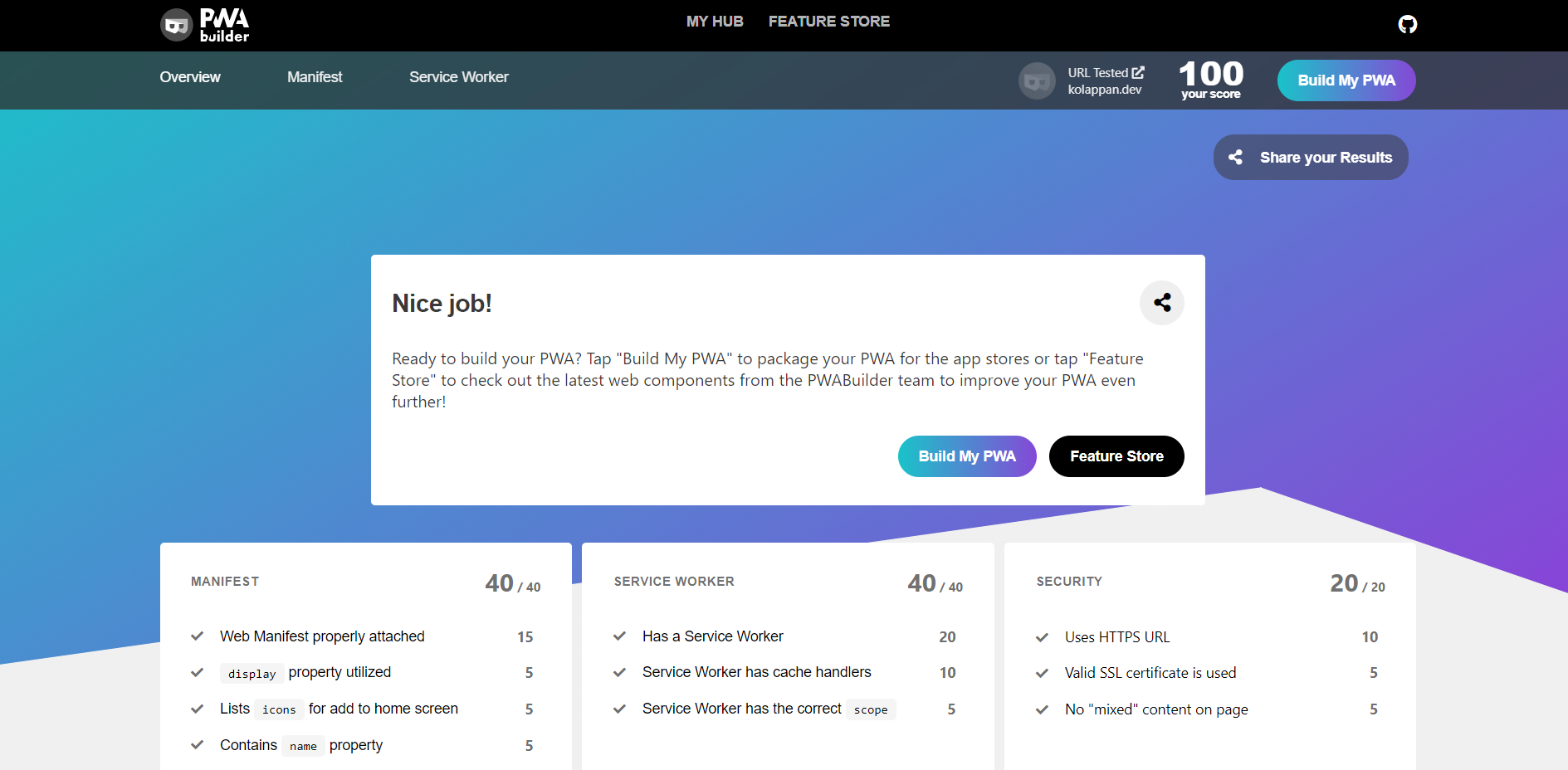 PWA Builder scan result