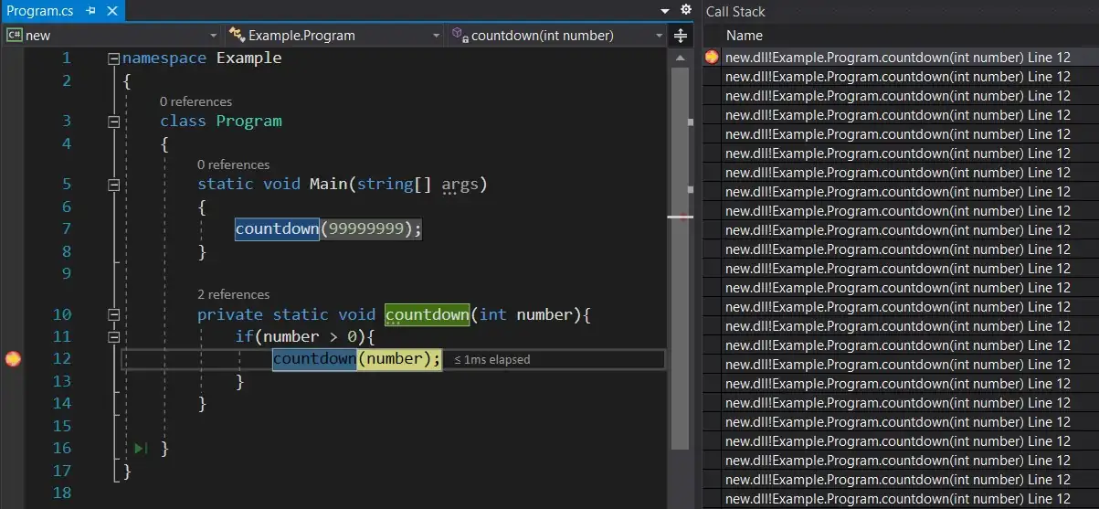 Call stack of a recursive function