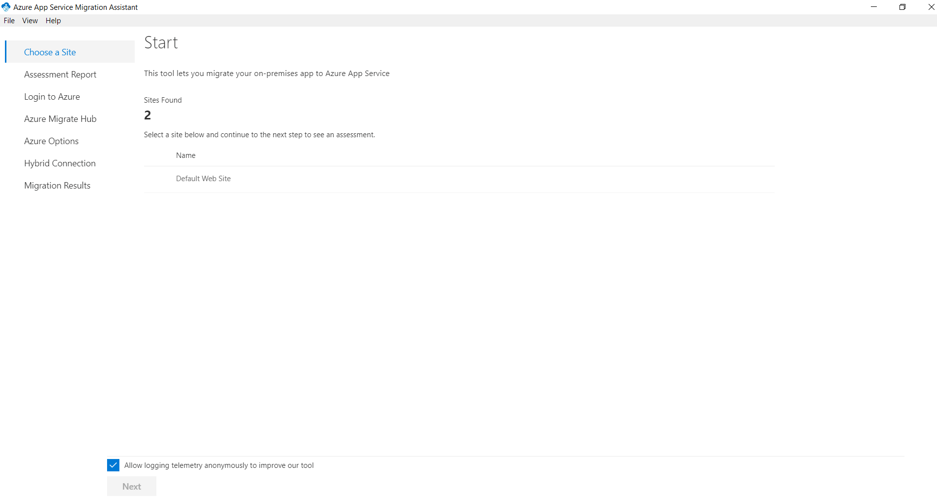 Websites listed in Migration Assistant