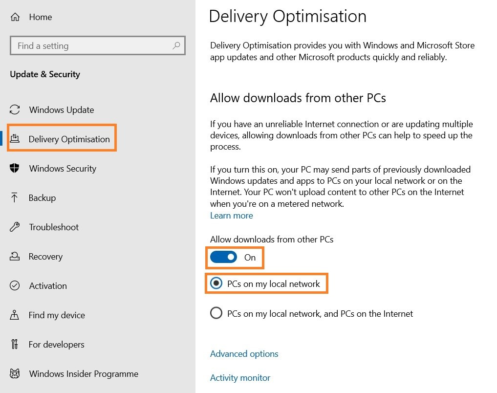 Delivery optimization settings
