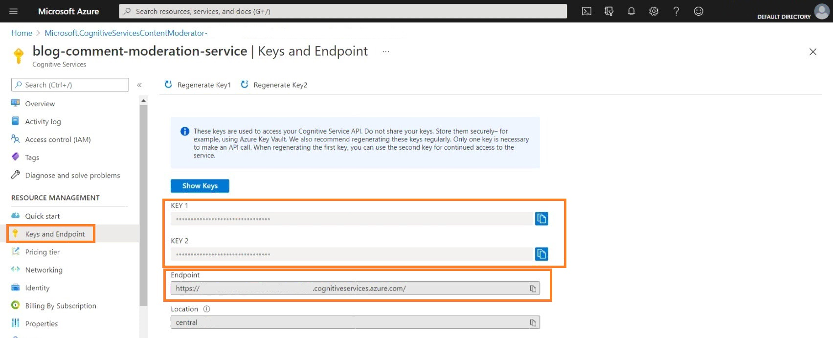 Key & Endpoint Settings for Azure Content Moderator