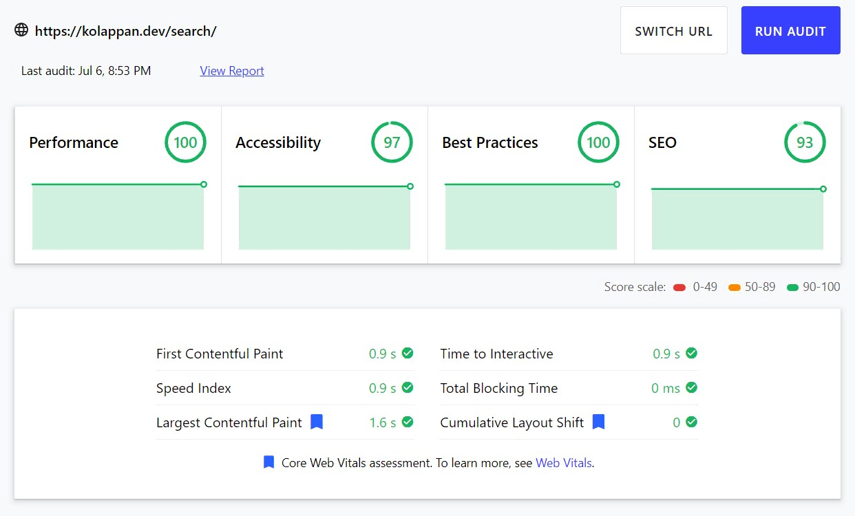 Lighthouse score of search screen